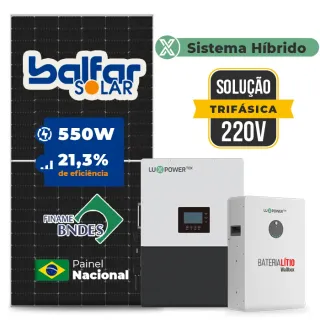Gerador de Energia Solar Hibrido Luxpower Telhado Fibro Parafuso Madeira SGF 17,6KWP FINAME 550W LXP-LB-BR 5KW AC TRIF. 220V DC48V BAT. LITIO 15,36kWh
