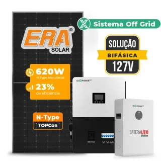 Gerador de Energia Solar Off Grid Interativo Luxpower Telhado Fibro Parafuso Metal SGF 7,44KWP ERA 620W SNA-BR 5KW AC 127 BIFASICO DC48V BAT. LITIO 5,12kWh