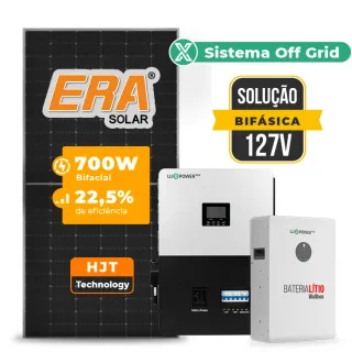 Gerador de Energia Solar Off Grid Interativo Luxpower Telhado Metálico Mini Trilho SGF 8,4KWP ERA 700W SNA-BR 5KW AC 127 BIFASICO DC48V BAT. LITIO 5,12kWh