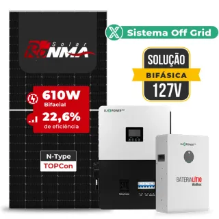 Gerador de Energia Solar Off Grid Interativo Luxpower Telhado Metálico Mini Trilho SGF 7,32KWP RONMA 610W SNA-BR 5KW AC 127 BIFASICO DC48V BAT. LITIO 5,12kWh