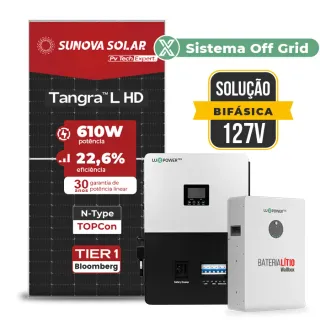 Gerador de Energia Solar Off Grid Interativo Luxpower Telhado Metálico Mini Trilho SGF 7,32KWP SUNOVA 610W SNA-BR 5KW AC 127 BIFASICO DC48V BAT. LITIO 5,12kWh