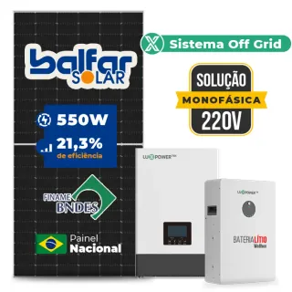 Gerador de Energia Solar Off Grid Interativo Luxpower Telhado Fibro Parafuso Metal SGF 6,6KWP FINAME 550W WPV 5KW AC 220 MONO DC48V BAT. LITIO 5,12kWh