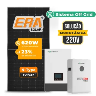 Gerador de Energia Solar Off Grid Interativo Luxpower Telhado Fibro Parafuso Metal SGF 7,44KWP ERA 620W WPV 5KW AC 220 MONO DC48V BAT. LITIO 5,12kWh