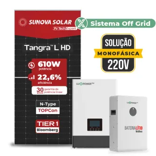 Gerador de Energia Solar Off Grid Interativo Luxpower Telhado Metálico Mini Trilho SGF 7,32KWP SUNOVA 610W WPV 5KW AC 220 MONO DC48V BAT. LITIO 5,12kWh