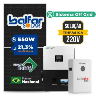 Gerador de Energia Solar Off Grid Interativo Luxpower Telhado Fibro Parafuso Metal SGF 17,6KWP FINAME 550W SNA-BR 5KW AC TRIF. 220V DC48V BAT. LITIO 15,36kWh