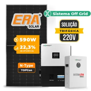 Gerador de Energia Solar Off Grid Interativo Luxpower Telhado Metálico Mini Trilho SGF 18,88KWP ERA 590W SNA-BR 5KW AC TRIF. 220V DC48V BAT. LITIO 15,36kWh
