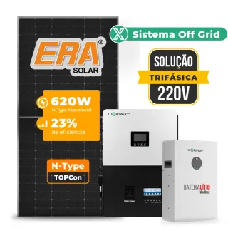 Gerador de Energia Solar Off Grid Interativo Luxpower Telhado Fibro Parafuso Metal SGF 19,84KWP ERA 620W SNA-BR 5KW AC TRIF. 220V DC48V BAT. LITIO 15,36kWh