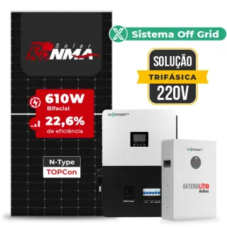 Gerador de Energia Solar Off Grid Interativo Luxpower Telhado Metálico Mini Trilho SGF 19,52KWP RONMA 610W SNA-BR 5KW AC TRIF. 220V DC48V BAT. LITIO 15,36kWh