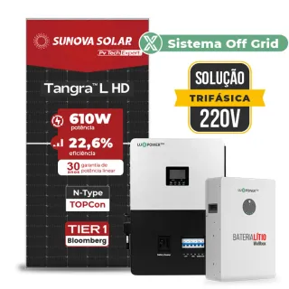 Gerador de Energia Solar Off Grid Interativo Luxpower Telhado Metálico Mini Trilho SGF 19,52KWP SUNOVA 610W SNA-BR 5KW AC TRIF. 220V DC48V BAT. LITIO 15,36kWh