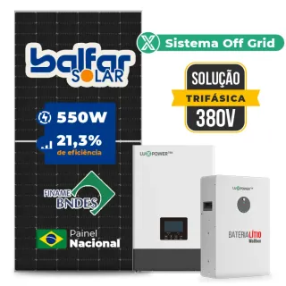 Gerador de Energia Solar Off Grid Interativo Luxpower Telhado Fibro Parafuso Metal SGF 24,2KWP FINAME 550W WPV 5KW AC TRIF. 380V DC48V BAT. LITIO 20,48kWh