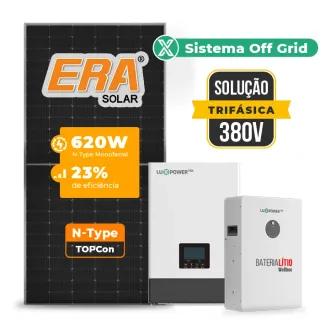 Gerador de Energia Solar Off Grid Interativo Luxpower Telhado Fibro Parafuso Metal SGF 27,28KWP ERA 620W WPV 5KW AC TRIF. 380V DC48V BAT. LITIO 20,48kWh
