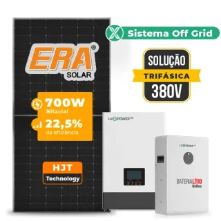 Gerador de Energia Solar Off Grid Interativo Luxpower Telhado Metálico Mini Trilho SGF 30,8KWP ERA 700W WPV 5KW AC TRIF. 380V DC48V BAT. LITIO 20,48kWh