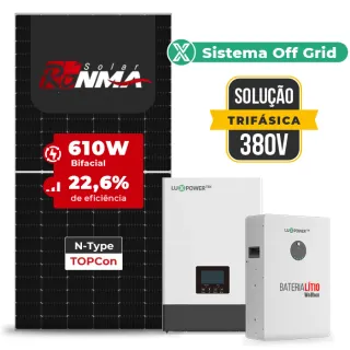Gerador de Energia Solar Off Grid Interativo Luxpower Telhado Metálico Mini Trilho SGF 26,84KWP RONMA 610W WPV 5KW AC TRIF. 380V DC48V BAT. LITIO 20,48kWh