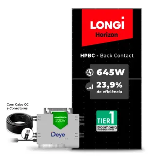 Gerador de Energia Solar Microinversor DEYE Telhado Fibro Parafuso Metal SGF 2,58KWP LONGI 645W HPBC SUN 2.25KW 4MPPT MONO 220V COM CABO