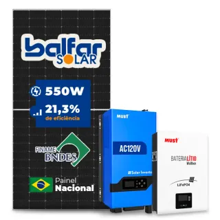 Gerador de Energia Solar Off Grid Interativo Must Telhado Fibro Parafuso Metal SGF 4,4KWP FINAME 550W PV29 LHP 5KW AC120V DC48V BAT. LITIO 5.12KWH 100A