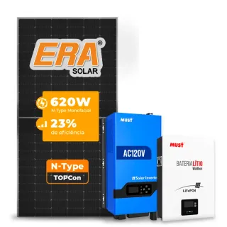 Gerador de Energia Solar Off Grid Interativo Must Telhado Fibro Parafuso Metal SGF 4,96KWP ERA 620W PV29 LHP 5KW AC120V DC48V BAT. LITIO 5.12KWH 100A
