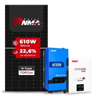 Gerador de Energia Solar Off Grid Interativo Must Telhado Metálico Mini Trilho SGF 4,88KWP RONMA 610W PV29 LHP 5KW AC120V DC48V BAT. LITIO 5.12KWH 100A