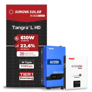 Gerador de Energia Solar Off Grid Interativo Must Telhado Fibro Parafuso Madeira SGF 4,88KWP SUNOVA 610W PV29 LHP 5KW AC120V DC48V BAT. LITIO 5.12KWH 100A