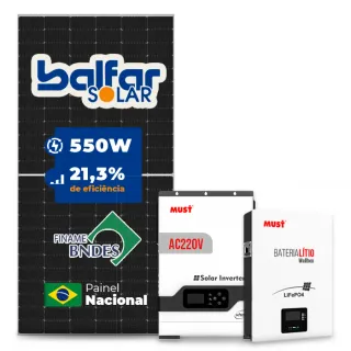 Gerador de Energia Solar Off Grid Interativo Must Telhado Fibro Parafuso Metal SGF 4,4KWP FINAME 550W PV29 HP 5KW AC220V DC48V BAT. LITIO 5.12KWH 100A