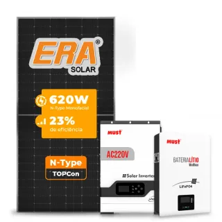 Gerador de Energia Solar Off Grid Interativo Must Telhado Fibro Parafuso Metal SGF 4,96KWP ERA 620W PV29 HP 5KW AC220V DC48V BAT. LITIO 5.12KWH 100A