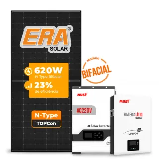 Gerador de Energia Solar Off Grid Interativo Must Sem Estrutura SGF 4,96KWP ERA BLACK 620W PV29 HP 5KW AC220V DC48V BAT. LITIO