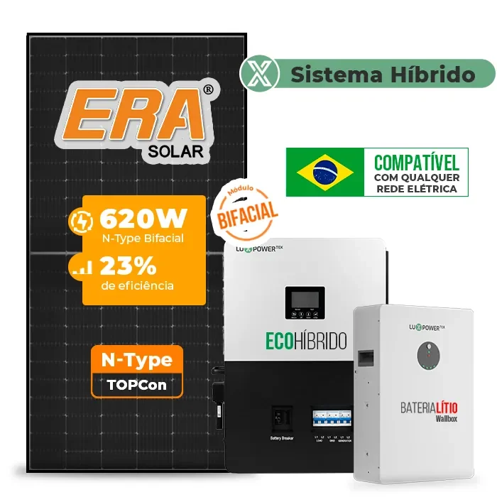 Gerador de Energia Solar Hibrido Luxpower com Bateria Laje Inclinação SGF 7,44KWP ERA BLACK 620W ECO HIBRIDO 5KW 220V DC48V BAT. LITIO 5,12kWh