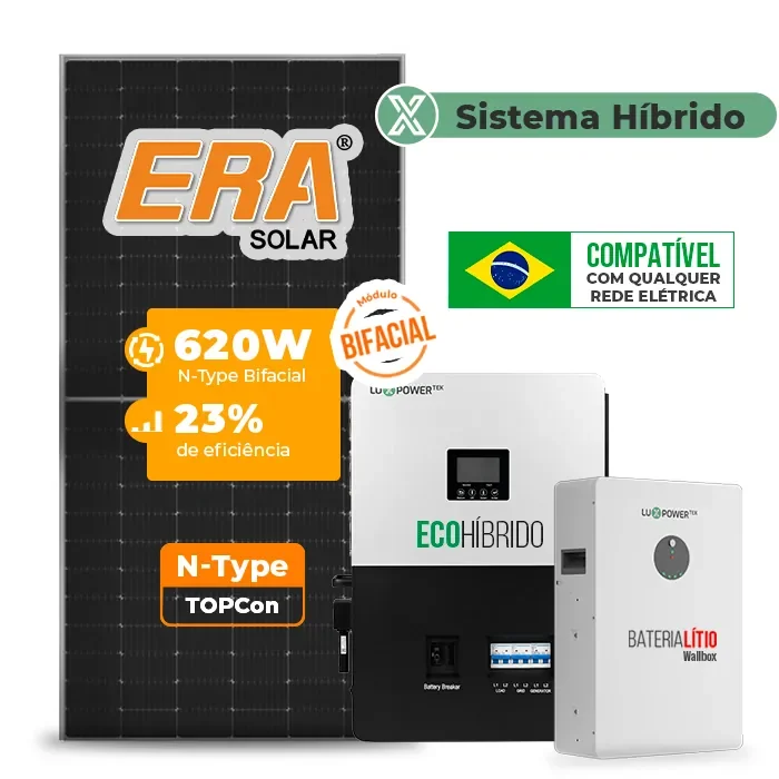 Gerador de Energia Solar Hibrido Luxpower com Bateria Sem Estrutura SGF 7,44KWP ERA BIF 620W ECO HIBRIDO 5KW 220V DC48V BAT. LITIO 5,12kWh