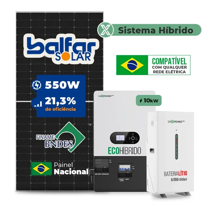 Gerador de Energia Solar Hibrido Luxpower com Bateria Sem Estrutura SGF 15,4KWP FINAME 550W ECO HIBRIDO 10KW 220V DC48V BAT. LITIO 14,3kWh