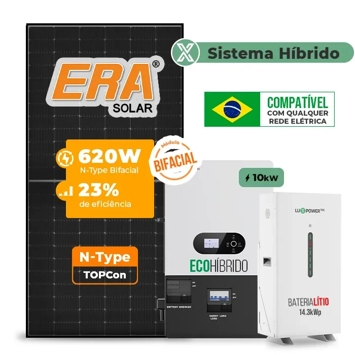 Gerador de Energia Solar Hibrido Luxpower com Bateria Sem Estrutura SGF 14,88KWP ERA BLACK 620W ECO HIBRIDO 10KW 220V DC48V BAT. LITIO 14,3kWh
