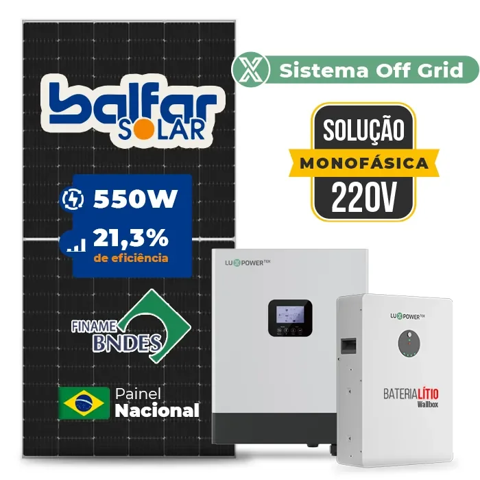 Gerador de Energia Solar Hibrido Luxpower Telhado Metálico Mini Trilho SGF 6,6KWP FINAME 550W GEN-LB-EU 5KW AC 220 MONO DC48V BAT. LITIO 5,12kWh