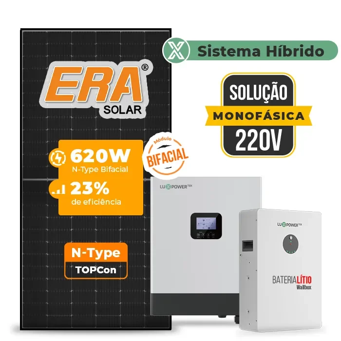 Gerador de Energia Solar Off Grid Interativo Luxpower Telhado Metálico Mini Trilho SGF 7,44KWP ERA BLACK 620W GEN-LB-EU 5KW AC 220 MONO DC48V BAT. LITIO 5,12kWh