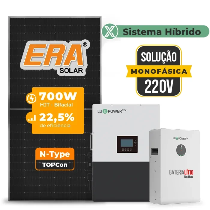 Gerador de Energia Solar Hibrido Luxpower Telhado Metálico Mini Trilho SGF 21KWP ERA 700W LXP-LB-BR 10KW AC 220V MONO DC48V BAT. LITIO 15,36kWh