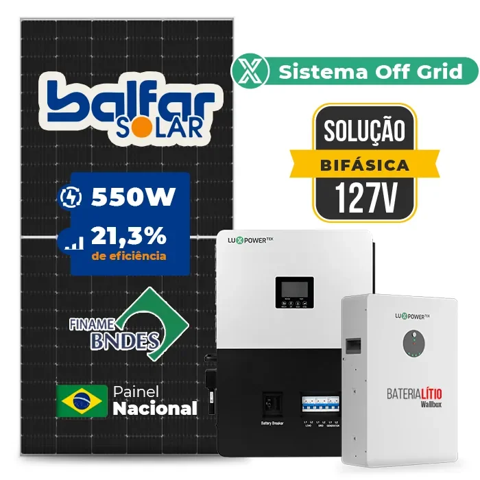 Gerador de Energia Solar Off Grid Interativo Luxpower Laje Inclinação SGF 8,8KWP FINAME 550W SNA-BR 5KW AC 127 BIFASICO DC48V BAT. LITIO 5,12kWh