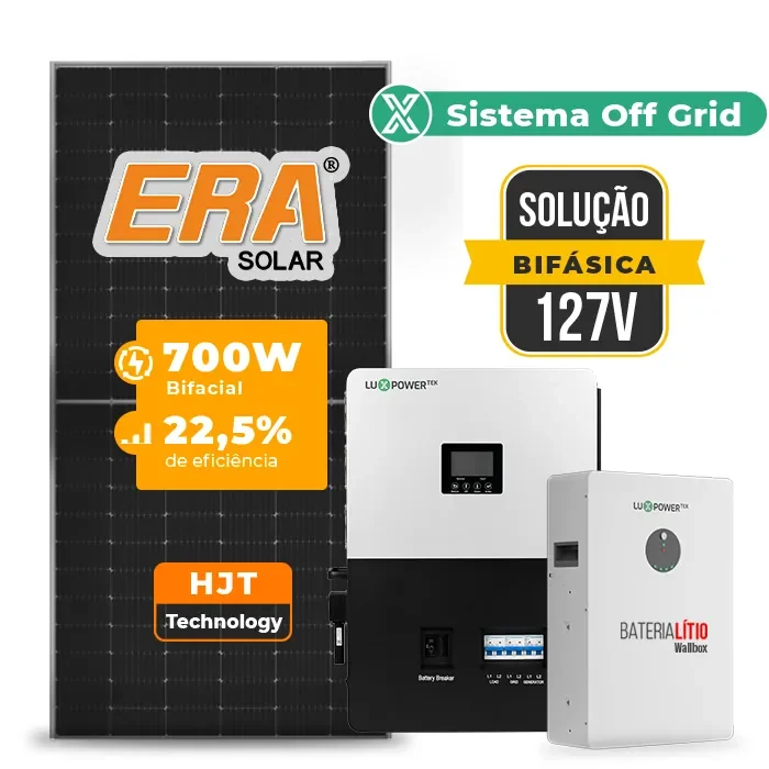 Gerador de Energia Solar Off Grid Interativo Luxpower Telhado Metálico Mini Trilho SGF 8,4KWP ERA 700W SNA-BR 5KW AC 127 BIFASICO DC48V BAT. LITIO 5,12kWh