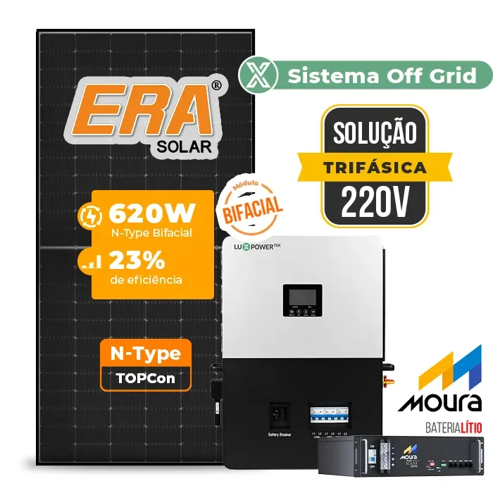 Gerador de Energia Solar Off Grid Interativo Luxpower Sem Estrutura SGF 27,28KWP ERA BLACK 620W WPV 5KW AC TRIF. 380V DC48V BAT. LITIO 19,2kWh