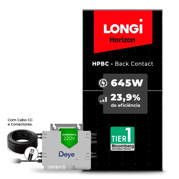 Gerador de Energia Solar Microinversor DEYE Telhado Fibro Parafuso Metal SGF 12,90KWP LONGI 645W HPBC SUN 2.25KW 4MPPT MONO 220V COM CABO