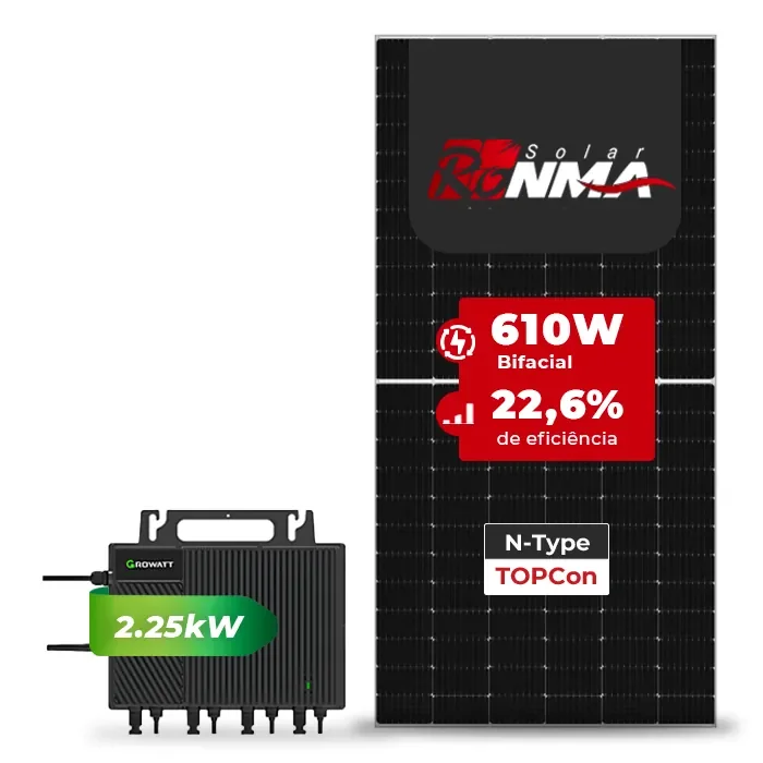 Gerador de Energia Solar Microinversor Growatt Telhado Metálico Mini Trilho SGF 7,32KWP RONMA 610W BIFACIAL NEO 2.25KW 4MPPT MONO 220V