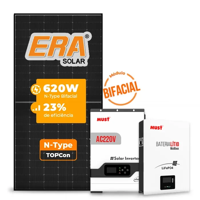 Gerador de Energia Solar Off Grid Interativo Must Sem Estrutura SGF 7,44KWP ERA BLACK 620W PV29 HP 5KW AC220V DC48V BAT. LITIO