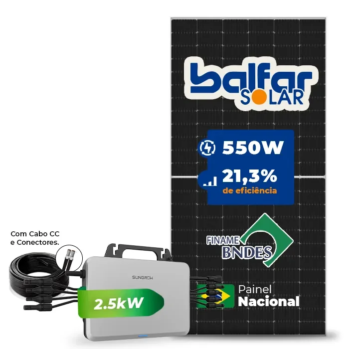 Gerador de Energia Solar Microinversor Sungrow Laje Inclinação SGF 2,2KWP BALFAR FINAME 550W S2500S-L 2.5KW 4MPPT MONO 220V COM CABO