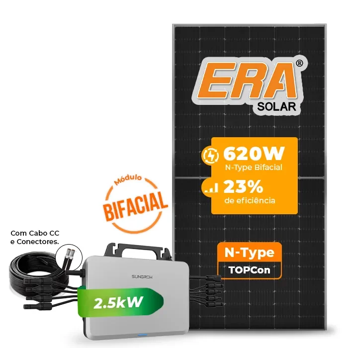 Gerador de Energia Solar Microinversor Sungrow Laje Inclinação SGF 2,48KWP ERA BIFACIAL 620W S2500S-L 2.5KW 4MPPT MONO 220V COM CABO